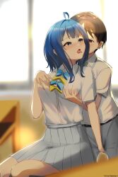 1boy 1girl ahoge artist_name black_hair blue_bow blue_bowtie blue_eyes blue_hair blush bow bowtie brown_eyes collared_shirt crotch_grab grabbing_another&#039;s_breast grabbing_from_behind grey_pants grey_skirt groping hand_on_another&#039;s_crotch hand_on_another&#039;s_hand hatsupainting hetero highres indoors make_heroine_ga_oo_sugiru! medium_hair nukumizu_kazuhiko open_mouth pants pleated_skirt school_uniform shirt shirt_tucked_in short_hair short_sleeves sitting skirt summer_uniform table tongue tongue_out tsuwabuki_high_school_uniform white_shirt window yanami_anna yellow_bow yellow_bowtie