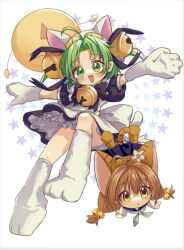 Rule 34 | 2girls, animal hat, apron, bell, black dress, brown hair, cat hat, curtained hair, dejiko, di gi charat, dress, fang, gema, green eyes, green hair, hat, lolitamomoya, mittens, multiple girls, neck bell, open mouth, puchiko, shoes, white apron, white mittens, white shoes