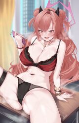 Rule 34 | 1girl, bare arms, bare shoulders, bead bracelet, beads, black panties, blue archive, blush, bra, bracelet, breasts, cellphone, cleavage, commentary request, demon girl, demon horns, double bun, esto 0079, fang, gyaru, hair between eyes, hair bun, highres, holding, holding phone, horns, jewelry, kirara (blue archive), large breasts, londom (lonhomewell), looking at viewer, multiple bracelets, navel, open mouth, panties, phone, pink eyes, pink hair, red bra, sidelocks, smartphone, solo, stomach, thigh strap, underwear