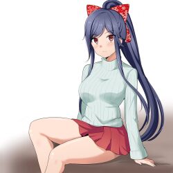 Rule 34 | barkhorn0331, blue hair, blush, bow, cinderella series, closed mouth, empty eyes, hachigatsu no cinderella nine, hair bow, high ponytail, highres, inui kei (hachigatsu no cinderella nine), long hair, long sleeves, looking at viewer, miniskirt, on bed, pleated skirt, ponytail, red bow, red eyes, red skirt, sidelocks, sitting, skirt, sweater, white background, white sweater