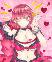 1girl breasts cleavage coat collarbone duel_monster evil_twin_lil-la green_eyes highres ichinose_haruka large_breasts lil-la_(yu-gi-oh!) navel off_shoulder one_eye_closed pink_background red_coat red_hair simple_background solo strapless tube_top v white_tube_top yu-gi-oh!