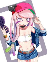 Rule 34 | 1girl, alternate costume, bandeau, bare shoulders, baseball cap, belt, black choker, blue jacket, blue scrunchie, blue skirt, brown belt, cellphone, choker, collarbone, colored eyelashes, commentary request, cowboy shot, cropped jacket, drooling, fish, flat chest, flip phone, gradient hair, green eyes, green hair, hair ornament, hair scrunchie, harmony&#039;s clownfish (splatoon), harmony (splatoon), hat, highres, holding, holding phone, jacket, long hair, looking at viewer, midriff, miniskirt, mouth drool, multicolored eyes, multicolored hair, navel, nintendo, o-ring, o-ring choker, open clothes, open jacket, open mouth, phone, pink hair, pink hat, purple eyes, purple hair, purple pupils, scrunchie, skirt, solo, splatoon (series), t2ukmyjm, tentacle hair, two-sided fabric, two-sided headwear, very long hair, watch, white bandeau, wristwatch, yellow eyes