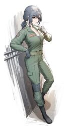 1girl absurdres angelia_(girls&#039;_frontline) black_boots black_gloves black_hair boots brown_eyes cheogtanbyeong cigarette commentary_request full_body girls&#039;_frontline gloves green_jacket green_pants highres holding holding_lighter jacket knee_pads korean_commentary lace-up_boots lighter looking_at_viewer medium_hair military_uniform mixed-language_commentary official_alternate_costume pants single_knee_pad smoking solo