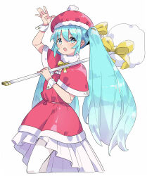 1girl alternate_costume aqua_eyes aqua_hair capelet christmas cowboy_shot dress gradient_hair hand_up hat hatsune_miku highres long_hair multicolored_hair open_mouth pa._(tatuya28001) pantyhose red_capelet red_hat red_vest simple_background solo teeth twintails upper_teeth_only very_long_hair vest vocaloid white_background white_dress white_pantyhose