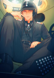 Rule 34 | 1boy, boots, collar, cross, epaulettes, hat, hatch, headphones, highres, iron cross, jacket, looking at viewer, medal, military, military hat, military jacket, military uniform, military vehicle, motor vehicle, original, pants, purple eyes, reichsadler, runes, schutzstaffel, tank, totenkopf, vehicle, waffen-ss, wintergewitter, world war ii