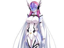 1girl blue_eyes bodysuit breasts cape covered_erect_nipples covered_navel face_shield game_cg gentle_sasaki gloves helmet large_breasts long_hair looking_at_viewer non-web_source official_art pink_hair prism_reica shindou_hatsune skin_tight smile solo soukou_senki_prism_reica transparent_background white_bodysuit