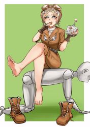 1girl aviator_cap aviator_goggles barefoot blonde_hair blush boots edke feet fingerless_gloves gloves grey_eyes identity_v looking_at_viewer medium_hair open_mouth shoes soles toes tracy_reznik unworn_boots unworn_shoes