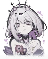 1girl bare_shoulders black_collar black_tiara breasts castorice_(honkai:_star_rail) collar dress flower frilled_collar frills grin hair_flower hair_ornament highres honkai:_star_rail honkai_(series) leaf multicolored_hair pointy_ears purple_eyes purple_flower purple_hair rip1004 simple_background smile solo teeth tiara two-tone_hair white_background white_dress white_flower white_hair