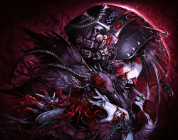 1girl absurdres animal animal_on_shoulder bird bird_on_shoulder black_choker black_hat black_nails blood blood_on_face blood_on_hands bracelet chain choker cross cross_hair_ornament cross_hat_ornament cross_necklace crow dress eyeball fangs forked_tongue gorezono_neo_(yu-ki_iwata) guro hair_between_eyes hair_ornament hand_up hat hat_chain hat_ornament highres jewelry long_sleeves looking_back medium_hair nail_polish necklace open_mouth original pale_skin piercing purple_dress red_eyes ring skull skull_hat_ornament smile solo spiked_bracelet spiked_choker spikes teeth tongue tongue_piercing upper_body yu-ki_iwata
