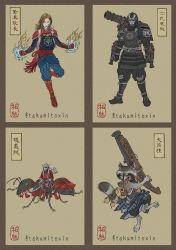 1girl 2boys ant ant-man armor avengers:_endgame avengers_(series) backpack bag blank_eyes blonde_hair bug cannon captain_marvel carol_danvers clenched_hand colored_sclera fine_art_parody flaming_hand frown gun helmet highres insect japanese_armor kabuto_(helmet) long_hair marvel marvel_cinematic_universe mask multiple_boys nihonga open_mouth parody quiver raccoon reins rocket_raccoon standing standing_on_one_leg stirrups_(riding) takumi_(marlboro) twitter_username ukiyo-e war_machine weapon yellow_sclera