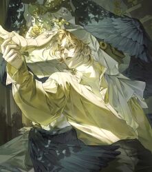 1boy absurdres black_pants black_wings blonde_hair chhiii_o_o food fruit highres lemon looking_at_another male_focus medium_hair open_clothes open_shirt original pants parted_bangs parted_lips shirt upper_body wings yellow_eyes yellow_shirt
