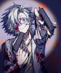Rule 34 | 1boy, blood, blood on clothes, blood on face, blood on hands, blood on neck, blood splatter, blue eyes, bright pupils, chinese commentary, chromatic aberration, closed mouth, commentary request, cracked skin, glasses, gold rush (qisiwu83570), grey shirt, gun, heterochromia, highres, holding, holding gun, holding weapon, kanou aogu, lab coat, male focus, open clothes, red eyes, saibou shinkyoku, semi-rimless eyewear, shirt, short hair, smile, solo, tareme, upper body, weapon, white hair, white pupils