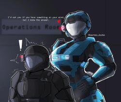 ! 1boy 1girl armor artist_name assault_visor breastplate catherine-b320 commentary english_commentary english_text halo:_reach halo_(series) hand_on_own_hip head_tilt heart height_difference helmet highres odst power_armor spartan_(halo) spartans_doodles surprised