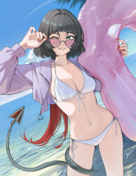 1girl absurdres adjusting_eyewear animal_ears bikini black_hair blue_sky breasts cloud commentary dai_(tdaitw) day english_commentary green_eyes grin highres holding holding_swim_ring innertube jacket jane_doe_(zenless_zone_zero) large_breasts long_hair looking_at_viewer mouse_ears mouse_girl mouse_tail multicolored_hair ocean one_eye_closed purple-tinted_eyewear purple_innertube purple_jacket red_hair sharp_tail sky smile solo standing sunglasses swim_ring swimsuit tail tail_around_own_leg thighs tinted_eyewear white_bikini zenless_zone_zero