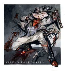 1boy blood blood_on_face boots colored_skin cowboy cowboy_boots cowboy_hat cowboy_western demon_boy demon_horns demon_tail evil_grin evil_smile fire grin gun hat helluva_boss highres holding holding_gun holding_weapon horns male_focus red_skin sharp_teeth smile solo striker_(helluva_boss) tail teeth weapon western wraith615