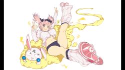 1girl absurdres bare_legs black_bow blue_buruma blue_eyes bow breasts buruma cloud covered_erect_nipples cross-shaped_pupils double_v hair_bow hands_up hibari_(senran_kagura) highres jacket large_breasts legs_up light_blush lightning_bolt_symbol medium_hair midriff navel ninto_(senran_kagura) non-web_source official_art on_cloud open_mouth partially_unzipped pillarboxed pink_hair rabbit senran_kagura senran_kagura_burst_re:newal shoes short_twintails smile socks solo symbol-shaped_pupils track_jacket twintails v white_background white_jacket white_shoes white_socks yaegashi_nan yellow_clouds