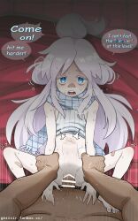 1boy 1girl 2025 absurdres bandaid bandaid_on_face bandaid_on_nose bar_censor bed blue_eyes breath censored deux_murasame fat fat_man female_focus gnsisir gundam gundam_gquuuuuux highres loli navel older_man_and_younger_girl on_bed pubic_hair scarf sex stomach stomach_bulge sweat sweater tagme vaginal white_hair