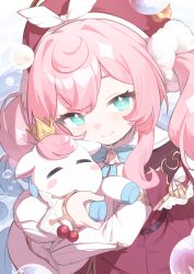 Rule 34 | 1girl, absurdres, blue bow, blue bowtie, bow, bowtie, closed mouth, commentary, highres, honkai: star rail, honkai (series), hyacine (honkai: star rail), klaius, long hair, long sleeves, looking at viewer, pink hair, smile, solo, twintails