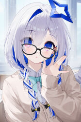 1girl :o absurdres adjusting_eyewear alternate_costume amane_kanata aqua_bow aqua_bowtie black-framed_eyewear blue_eyes blue_hair blue_halo bow bowtie braid brown_cardigan cardigan collared_shirt colored_inner_hair commentary day empty_eyes eyes_visible_through_hair feathered_wings glasses grey_hair hair_over_one_eye halo highres hololive indoors light_blush light_particles long_hair low_twin_braids mini_wings multicolored_eyes multicolored_hair pink_eyes raised_eyebrows shirt single_hair_intake solo star_halo streaked_hair symbol-only_commentary twin_braids two-tone_eyes two-tone_hair upper_body ureinnn virtual_youtuber white_shirt white_wings window wings
