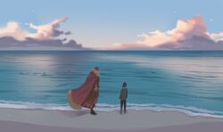 2boys beach black_hair cape cloud facing_away fate/zero fate_(series) fur-trimmed_cape fur_trim green_sweater halorane highres iskandar_(fate) male_focus multiple_boys ocean outdoors red_cape red_hair shore standing sweater twilight waver_velvet wide_shot