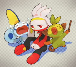 &gt;_&lt; :d blush checkered_background creatures_(company) crying closed_eyes fang game_freak gen_8_pokemon grookey holding holding_stick kikuyoshi_(tracco) looking_at_viewer nintendo open_mouth pokemon pokemon_(creature) raboot red_eyes signature sitting smile sobble stick tears tongue