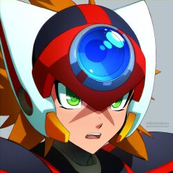 Rule 34 | 1boy, absurdres, armor, axl (mega man), black armor, brown hair, close-up, cross scar, forehead jewel, green eyes, grey background, helmet, highres, long hair, male focus, mega man (series), mega man x (series), red helmet, scar, simple background, solo, spiked hair, windnevermind