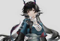 Rule 34 | 1girl, absurdres, arknights, arknights: endfield, black eyes, black hair, blue shirt, chen qianyu (arknights), chinese commentary, closed mouth, clothes writing, commentary request, copyright name, expressionless, highres, horns, layered sleeves, ligod, long hair, long sleeves, looking at viewer, shirt, short over long sleeves, short sleeves, solo, staring, tail, upper body