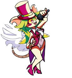 1girl animal_ears animated blush_stickers breasts crazy_eyes fangs friday_night_funkin&#039; green_hair hat high_heels leotard mad_rat_dead microphone mouse_(animal) mouse_ears mouse_girl mouse_tail nchproductions nippon_ichi notched_ear rat_god red_eyes tail tie_clip top_hat wings wrist_cuffs