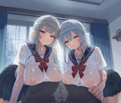 1boy 2girls absurdres black_sailor_collar black_skirt blue_hair breast_press breasts ceiling collarbone curtains emoi_do grey_hair hair_between_eyes highres indoors large_breasts long_hair multiple_girls nipples no_bra original pleated_skirt pov rain sailor_collar school_uniform see-through_clothes see-through_shirt shirt short_sleeves sidelocks skirt smile take_your_pick wet wet_clothes wet_shirt white_shirt window