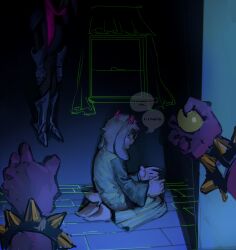 1boy 1girl 1other absurdres armor ball bracelet colored_skin commentary crying crying_with_eyes_open deltarune english_commentary furry furry_male gauntlets glasses goat_boy goat_horns goat_tail greaves green_robe hanged head_out_of_frame highres holding holding_ball horns implied_murder jewelry kris_(dark_world)_(deltarune) kris_(deltarune) open_mouth out_of_frame pink_scarf pink_skin ralsei robe round_eyewear scarf seiza sitting speech_bubble spiked_bracelet spikes strawberry_lynx susie_(dark_world)_(deltarune) susie_(deltarune) tears thought_bubble window