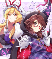 2girls ;) black_cloak black_hat blonde_hair blush bow brown_eyes brown_hair cloak closed_mouth clothes_writing collared_shirt commentary_request folded_fan folding_fan gloves hair_bow hand_fan hand_up hat hat_ribbon highres holding holding_fan keyaki_chimaki long_hair long_sleeves looking_at_viewer mob_cap multiple_girls one_eye_closed outstretched_arm plaid_clothes plaid_skirt plaid_vest purple_skirt purple_vest red_bow red_cloak red_ribbon ribbon runes shirt short_hair skirt skirt_set smile touhou two-sided_cloak two-sided_fabric usami_sumireko vest white_gloves white_hat white_shirt yakumo_yukari yellow_eyes