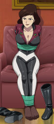1girl absurdres arms_behind_back bdsm bondage bound bound_ankles breasts brown_eyes brown_hair cleavage highres large_breasts lipstick lost_one_zero lupin_iii makeup mine_fujiko smile tape tape_bondage
