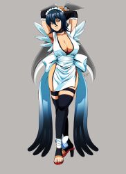 1girl absurdres apron bandages_over_clothes black_hair black_thighhighs blue_eyes breasts butterfly_swords choker cleavage flipped_hair frilled_leotard frills hair_ornament highres huge_breasts iroha_(samurai_spirits) japanese_clothes lace-trimmed_apron lace_trim large_breasts leotard looking_at_viewer maid maid_headdress maid_leotard multiple_swords samurai_spirits short_hair smile snk solo tedbob84 thighhighs thighs toeless_legwear unconventional_maid weapon