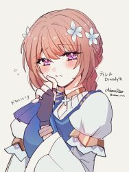 1girl annerica black_gloves blush brown_hair character_name commentary_request diamond-shaped_pupils diamond_(shape) direidyth_(genshin_impact) fingerless_gloves fingernails flower genshin_impact gloves hair_between_eyes hair_flower hair_ornament highres long_hair long_sleeves looking_at_viewer parted_lips purple_eyes shirt signature simple_background solo symbol-shaped_pupils twitter_username upper_body white_background white_shirt