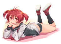 Rule 34 | 1girl, antenna hair, arm support, ass, black socks, blush, butt crack, female focus, hair ornament, hair scrunchie, hands on own face, highres, isshiki akane, legs up, long sleeves, looking at viewer, lying, michairu, national shin ooshima school uniform, on stomach, red eyes, red hair, school uniform, scrunchie, shoes, short shorts, short twintails, shorts, simple background, smile, socks, solo, twintails, vividred operation, white background