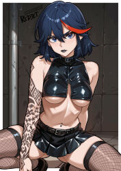 1girl arm_tattoo belt black_belt black_eyeshadow black_hair black_jacket black_lips black_skirt blue_eyes breasts cropped_jacket earrings eyeshadow fishnet_thighhighs fishnets goth_fashion highres jacket jewelry kill_la_kill lipstick makeup matoi_ryuuko medium_breasts medium_hair miniskirt multicolored_hair navel_piercing paid_reward_available patreon_username piercing red_eyes redjet skirt solo squatting streaked_hair tattoo thighhighs underboob