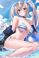 &gt;_&lt; 3girls :o bare_legs bare_shoulders bikini black_choker black_gloves black_jacket blonde_hair blue_eyes blue_hair blue_ribbon blue_sky blush bracelet breasts chiko-chan_(morros) choker cloud commentary crossed_bangs day eyewear_on_head fingerless_gloves gloves good_thighs_day green_hair grey_hair grin hair_between_eyes hair_ribbon hashtag-only_commentary highres holding holding_swimsuit holding_unworn_clothes jacket jewelry large_breasts layered_bikini long_hair looking_at_viewer medium_hair mismatched_bikini morros multicolored_hair multiple_girls navel ocean off_shoulder open_mouth original outstretched_arm parted_lips red_eyes red_ribbon ribbon round_eyewear running sharp_teeth side-tie_bikini_bottom sideboob sitting sky smile solo_focus streaked_hair striped_bikini striped_clothes sunglasses swimsuit teeth tekkou-chan_(morros) thighs twintails two-tone_hair underboob unworn_bikini_top unworn_swimsuit variant_set wet white_bikini