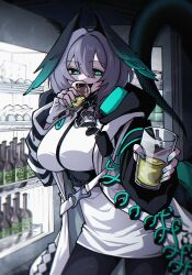 1girl aqua_eyes aqua_nails arknights breasts commentary cup double-parted_bangs dragon_tail drinking dryegen english_commentary fingerless_gloves gloves grey_hair hair_between_eyes highres ho&#039;olheyak_(arknights) holding holding_cup incoming_gift large_breasts looking_at_viewer refrigerator slit_pupils solo tail