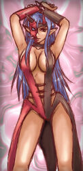 1girl 2000s_(style) abstract_background armpits arms_up black_eyes black_leotard blue_hair breasts closed_mouth commentary_request cowboy_shot feliciel half_mask large_breasts leotard long_hair looking_at_viewer lowres mask multicolored_leotard pointy_ears purple_background ragnarok_online red_leotard revealing_clothes smile solo two-tone_leotard zealotus