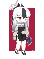 1girl artist_name bare_legs black_bow black_choker black_dress black_hair black_horns black_shoes blue_archive bow bright_pupils cardigan chibi chibi_only choker collarbone demon_horns demon_wings dress ear_piercing exe.31 full_body grey_cardigan grey_halo hair_between_eyes hair_bow halo highres horns kayoko_(blue_archive) kayoko_(dress)_(blue_archive) looking_at_viewer low_wings mole mole_on_collarbone multicolored_hair nightgown official_alternate_costume open_cardigan open_clothes outline pendant_choker piercing red_background red_eyes shoes side_slit single_off_shoulder single_wing sleeveless sleeveless_dress smile solo spaghetti_strap strappy_heels streaked_hair two-tone_background two-tone_hair white_background white_hair white_outline white_pupils wings