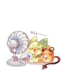 Rule 34 | closed eyes, commentary request, dedenne, electric fan, food, gen 6 pokemon, hand fan, highres, holding, holding food, holding popsicle, hot, nintendo, no humans, open mouth, pokemon, pokemon (creature), popsicle, simple background, sprigatito, sweat, white background, yupo 0322