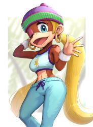 1girl ape beanie blonde_hair blue_eyes breasts curvy donkey_kong_(series) earrings gnavel gonzarez hat hoop_earrings jewelry long_hair midriff military_vehicle monkey_girl motor_vehicle nintendo one_eye_closed pants smile sweatpants tank tiny_kong twintails very_long_hair waving wide-eyed