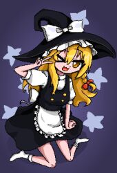 &gt;_o 1girl ;3 bad_tag blonde_hair bow hair_bow kirisame_marisa one_eye_closed pixel_art red_bow simple_background sitting smile socks star_(symbol) thick_eyebrows touhou v vinni_puh wariza white_bow white_socks yellow_eyes