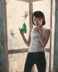 1girl 1other black_pants condensation finger_to_mouth fog glass_door handprint highres holding holding_water_gun original pants satou_t short_hair singlet water_gun white_singlet window_fog
