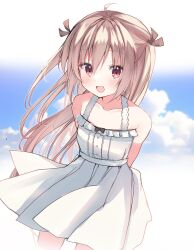 1girl :d ahoge arms_behind_back atri atri-my_dear_moments- bare_shoulders black_ribbon blue_sky blush breasts commentary cowboy_shot dress eyelashes eyes_visible_through_hair floating_hair hair_between_eyes hair_ribbon happy highres light_brown_hair long_hair looking_at_viewer official_alternate_costume open_mouth red_eyes ribbon simple_background sky sleeveless sleeveless_dress small_breasts smile solo standing sundress takepoison two_side_up very_long_hair white_background white_dress