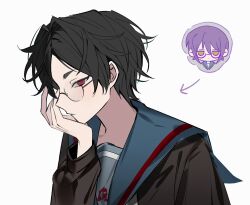 1boy aomi_(ooe) black_hair blue_sailor_collar chibi chibi_inset cosplay from_side glasses hand_on_own_face highres kita_high_school_uniform long_sleeves looking_at_viewer male_focus minirai0707 nagato_yuki nagato_yuki_(cosplay) ooe_(game) red_eyes sailor_collar school_uniform serafuku short_hair upper_body white_background winter_uniform