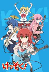 4girls :d absurdres ahoge bass_guitar black_ribbon black_socks blonde_hair blue_background blue_eyes blue_hair blue_skirt bocchi_the_rock! bow bowtie brown_cardigan brown_shoes cagayake!_girls_pose cardigan closed_mouth collared_shirt commentary_request company_connection cube_hair_ornament drum drum_set drumsticks gotoh_hitori green_eyes grey_skirt guitar hair_ornament highres holding holding_drumsticks holding_guitar holding_instrument ijichi_nijika instrument jacket k-on! kessoku_band kita_ikuyo layered_sleeves loafers long_hair long_sleeves mayo_(oekaki_bibbi) multiple_girls neck_ribbon one_side_up open_mouth parody pink_hair pink_jacket pleated_skirt red_bow red_bowtie red_eyes red_hair ribbon school_uniform shimokitazawa_high_school_uniform shirt shoes short_hair short_over_long_sleeves short_sleeves shuka_high_school_uniform side_ponytail skirt smile socks standing track_jacket white_shirt white_socks yamada_ryo