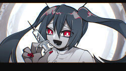 1girl :d blue_hair chromatic_aberration commentary_request fingernails hair_between_eyes hatsune_miku highres holding holding_syringe long_hair lower_teeth_only magical_doctor_(vocaloid) nail_polish neko_7567 open_mouth partial_commentary pillarboxed red_eyes red_nails shirt smile solo syringe teeth twintails very_long_hair vocaloid white_shirt