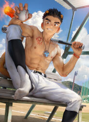 Rule 34 | 1boy, abs, aged down, alca (wakatanka4), animal ears, ball, bandaid, bandaid on arm, baseball bat, beitemian, belt, black belt, black hair, chest tattoo, cloud, day, gyee, highres, holding, holding ball, jewelry, lion boy, lion ears, lion tail, looking at viewer, male focus, navel, necklace, nipples, outdoors, pants, short hair, sky, smile, solo, tail, tattoo, teeth, toned, toned male, topless male, white pants