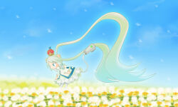 Rule 34 | 1girl, animal ears, blue eyes, cable, cable tail, chibi, chibi only, commentary request, crown, dandelion, dress, floating hair, flower, full body, green dress, green hair, lion-tan, lion ears, lion girl, long hair, looking down, magical girl, mechanical tail, original, os-tan, outdoors, personification, sato (esuplusesu), solo, tail, twintails, very long hair